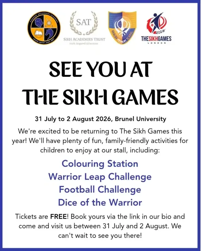 It's almost time! 🙌 

We're excited to be returning to @thesikhgames, which will begin tomorrow at @bruneluni. We'll once again be sharing a stall with Khalsa Primary School, packed with fun activities for the whole family, including:

🎨 Colouring Station
⚔️ Warrior Leap Challenge
⚽ Football Challenge
🎲 Dice of the Warrior

If you're visiting, be sure to stop by and say hello!

🎟️ Tickets for The Sikh Games are FREE, so to book yours, tap the link in our bio, then come and visit us between 31 July and 2 August. We look forward to seeing you there.